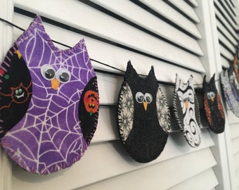 Cute Fabric Owl Garland Banner Bunting Halloween Spooky Goth Purple Orange Black Handmade