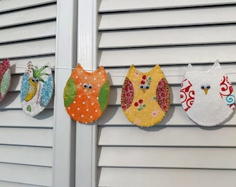 Cute Fabric Owl Garland Banner Bunting Pastel Colors Nursery Child's Room Handmade