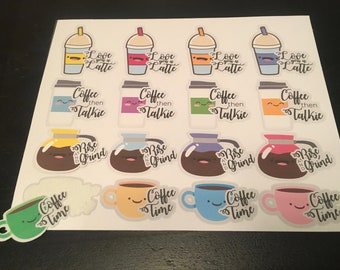 Kawaii Coffee Latte Stickers for Happy Planner, Journals, Scrapbooks, Bullet Journals and more Peel and Stick Kiss Cut