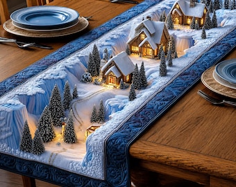 Winter Village Quilted Table Runner, Snowy Christmas Table Decor, Blue Winter Wonderland Runner, Cozy Holiday Dining Room Decor