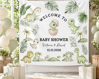 Fondo personalizado para baby shower con temática de dinosaurios, tapiz con nombre y fecha personalizados, pancarta de fiesta de dinosaurios de la jungla, decoración de pared con motivos vegetales para baby shower.