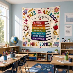 Może przedstawiać: Prostokątna tkanina ścienna z napisem IN THIS CLASSROOM It's okay to oraz MRS. SOPHIA. Stos kolorowych książek zawiera hasła takie jak BE YOURSELF i MAKE MISTAKES. Ilustracje przedstawiają rakietę, globus, jabłko oraz ołówek.
