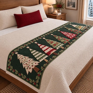 May include: A dark green quilted bed runner featuring an appliqued pattern of various Christmas trees in red, white, and green. The runner is decorated with holly leaf and berry borders, and each tree is topped with a small star-shaped accent.