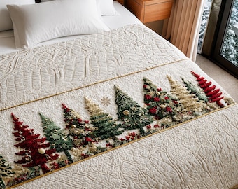 Noel Forest Quilted Bed Runner, Christmas Tree Bed Scarf, Red Green Holiday Bedding Decor, Winter Bedroom Runner