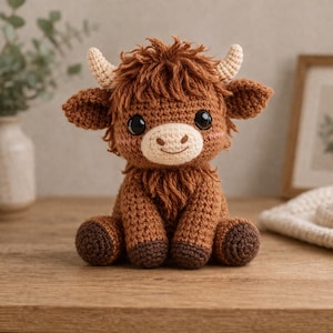 May include: A crocheted Highland cow plush toy in shades of brown and beige. The handmade stuffed animal has large, dark eyes, small horns, and a fluffy mane. The cow is sitting on a wooden surface.