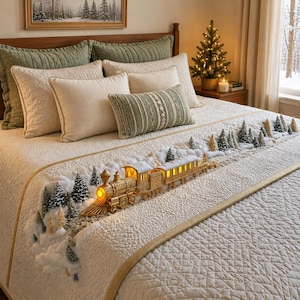 May include: A cream-colored quilted bedspread featuring a decorative train and forest scene. The train is gold with illuminated windows and a glowing headlight. The scene includes miniature evergreen trees and white faux snow accents.