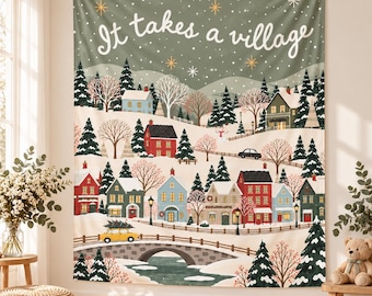 Fondo "Se necesita un pueblo", Fondo para baby shower de invierno, Decoración para baby shower de Navidad, Baby shower de pueblo de invierno, Fondo para fiesta navideña