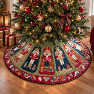May include: A round quilted Christmas tree skirt featuring a repeating pattern of nutcracker figures in red, blue, and gold uniforms. The border displays a geometric patchwork design in red, green, and blue, surrounding a central green quilted area.