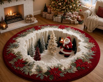 Tappeto rotondo trapuntato di Babbo Natale per Natale, tappeto con effetto 3D di Babbo Natale, gonna per albero di Natale, decorazione per pavimenti natalizi, tappeto invernale, tappeto natalizio