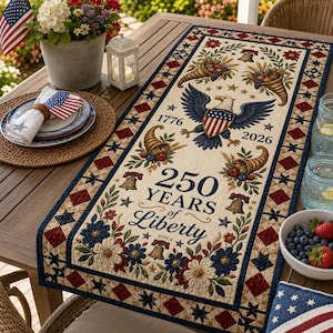 Camino de mesa acolchado conmemorativo de los 250 años de libertad de EE. UU., camino de mesa floral con águila patriótica, decoración del 250 aniversario de Estados Unidos, decoración para el hogar del Día de la Independencia.