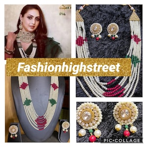 Pode incluir: Uma colagem de peças de joalharia, incluindo colares e brincos. Os colares apresentam vários fios de contas brancas com detalhes vermelhos e verdes. Os brincos têm um design circular com uma grande pedra central e contas menores. O texto "Fashionhighstreet" é visível.