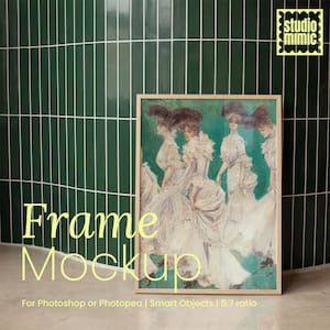 May include: A framed artwork with a vintage painting of women in white dresses against a green background. The frame is light-coloured wood. Text on the image reads "Frame Mockup" and "For Photoshop or Photopea | Smart Objects | 5:7 ratio". The Studio Mimic logo is in the top right corner.