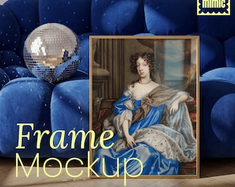 Mockup verticale gouden lijst | Blauw fluwelen bank | Discobalscène | Photoshop en Photopea PSD | Eclectisch