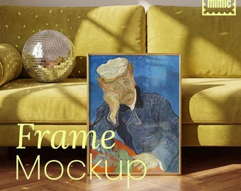 Vertical Gold Frame Mockup  | Retro Disco Velvet Sofa Scene | Photoshop & Photopea PSD