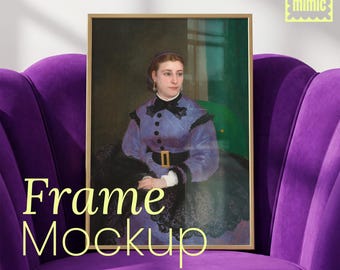 Retro Glam Gold Frame Mockup | Purple Velvet Armchair Scene | Maximalist Interior for Photoshop & Photopea