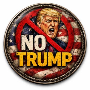 Puede incluir: Un botón redondo y metálico con un diseño desgastado de la bandera estadounidense en el fondo. La imagen presenta un retrato de un hombre con un símbolo de prohibición rojo y las palabras "NO TRUMP" en negrita.
