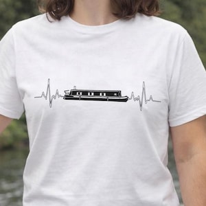 Narrow Boat ECG T-Shirt | Canal Boat Heartbeat Tee | Unique Boating Gift | Handmade Cotton Shirt