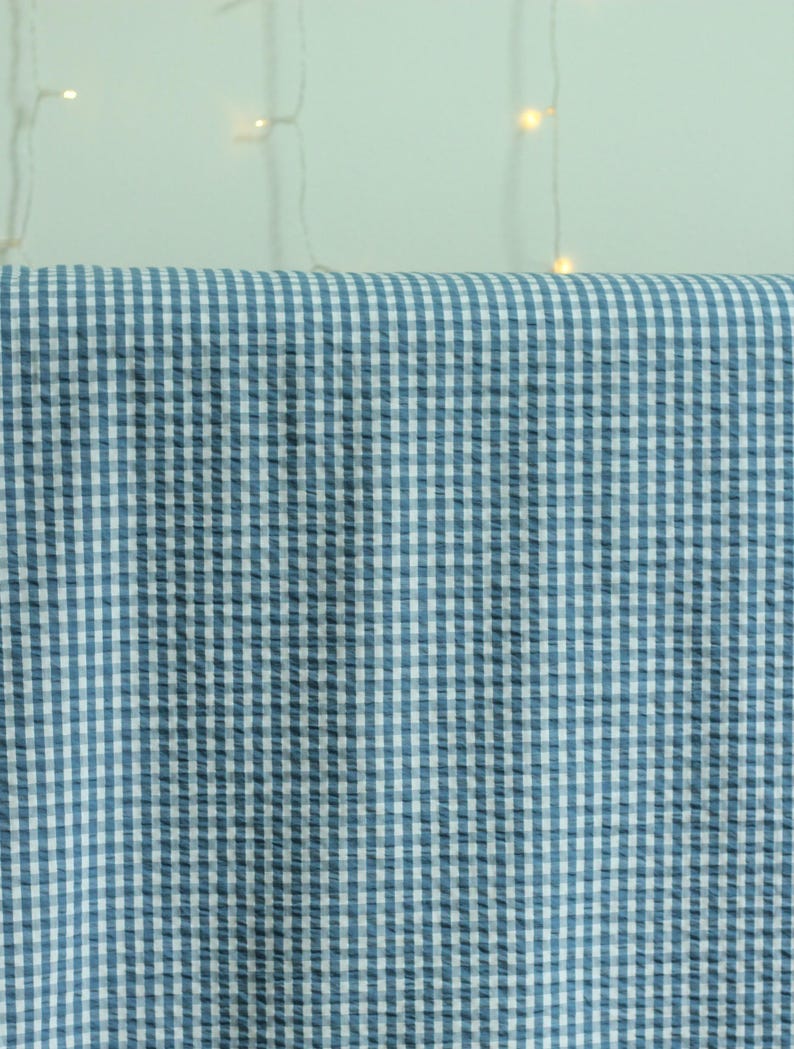 Op de afbeelding: Een stuk stof met een blauw-wit vichy-ruitpatroon. Het materiaal heeft een uitgesproken seersucker-textuur met een geplooid oppervlak, waardoor een raster van kleine vierkantjes over het gehele zichtbare deel van het textiel ontstaat.