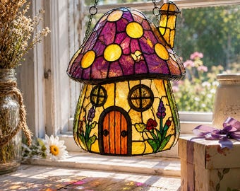 Fairy Tale Mushroom House Stained Glass Suncatcher – Enchanted Cottage Window Decor.