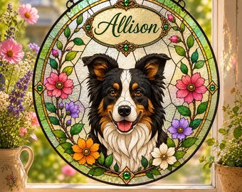 2. Custom Dog Stained Glass Panel with Name – Border Collie Suncatcher, Personalized Pet Portrait Window Art, Memorial Gift.