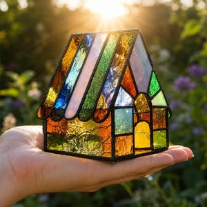 May include: A small house-shaped decorative object constructed from multi-colored stained glass panels held together by dark metal soldering. The glass features various textures and hues including amber, green, blue, and clear, forming a roof.