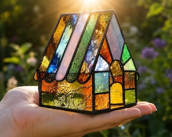 House Stained Glass Suncatcher – Handmade Rainbow Glass Cottage, Window Hanging Sun Catcher Decor.
