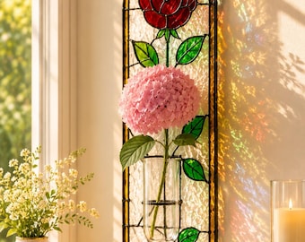 Red Rose Stained Glass Vase Suncatcher – Hanging Floral Glass Art Panel, Window Light Catcher, Elegant Home Decor.