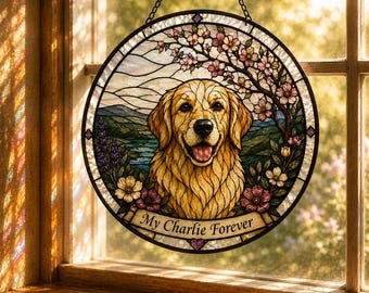 Personalized Dog Memorial Stained Glass Panel – Golden Retriever Sympathy Gift, Pet Remembrance Keepsake.