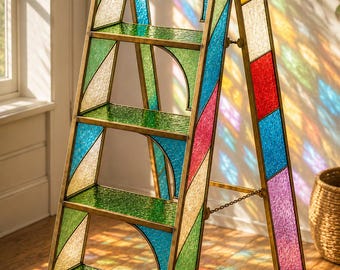 Colorful Stained Glass Ladder Shelf | Handmade Tiffany Inspired Sun Catcher | Artistic Home Decor | Geometric Glass Display.