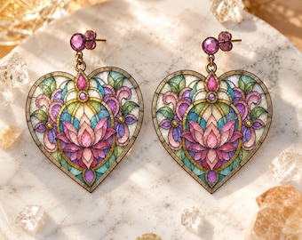 Luxury Lotus Flower Stained Glass Earrings, Floral Mandala Statement Jewelry, Handmade Boho Dangle Earrings for Women.
