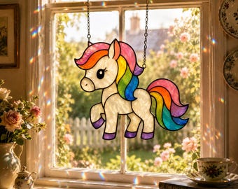 Atrapasueños de vidrieras de unicornio arcoíris / Lindo adorno colgante de ventana de unicornio / Atrapasueños de fantasía / Decoración para habitación infantil / Regalo para niños.