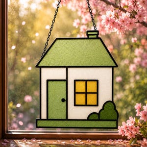 May include: A stained glass suncatcher shaped like a house with a green roof, white walls, a green door, and a yellow window. The house features a small green chimney and a green bush at the base. It hangs from a black metal chain against a window.