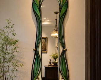 Handmade Green Stained Glass Mirror | Luxury Art Nouveau Wall Mirror for Entryway, Living Room & Hallway Decor.