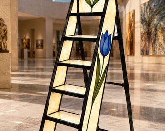 Luxury Tiffany Style Stained Glass Ladder Shelf | Handmade Floral Display Shelf | Art Glass Bookshelf | Modern Home Decor | Unique Gift.