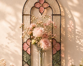 Floral Stained Glass Wall Vase Suncatcher – Handmade Pink Rose Window Hanging, Botanical Glass Art Decor for Home.