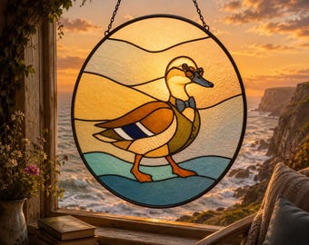 Handmade Duck Stained Glass Suncatcher, Cute Duck Window Hanging, Coastal Beach Decor, Nature Inspired Glass Panel, Gift for Duck Lovers.
