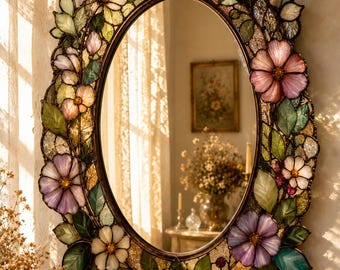 Stained Glass Mirror Frame – Handmade Floral Botanical Wall Mirror, Vintage Inspired Decorative Glass Art with Elegant Flower & Leaf Design.