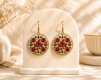 Rose Stained Glass Earrings | Floral Dangle Earrings | Vintage Botanical Jewelry | Statement Earrings Gift for Her.