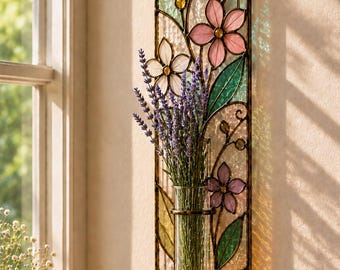 Flower Stained Glass Wall Hanging Vase – Colorful Botanical Suncatcher, Handmade Glass Art Decor.