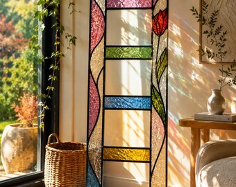 Decorative Stained Glass Ladder | Tiffany Inspired Floral Sun Catcher | Handmade Art Glass Window Decor | Modern Luxury Home Accent.