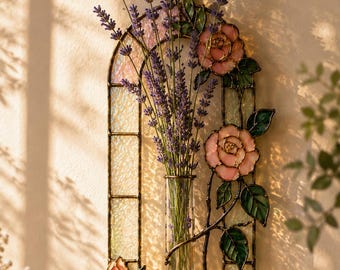 Handmade Rose Stained Glass Vase Suncatcher – Floral Window Hanging Decor, Pink Flower Glass Art, Cottage Style Home Accent.
