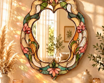 Decorative Floral Stained Glass Mirror – Handmade Botanical Glass Art Mirror, Unique Luxury Wall Decor.