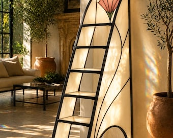 Floral Stained Glass Ladder Shelf | Handmade Tiffany Inspired Display Stand | Luxury Home Decoration | Artistic Glass Bookshelf.