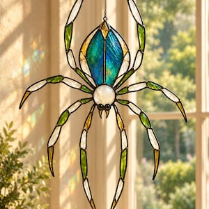 May include: A stained glass spider suncatcher featuring a central blue and teal abdomen, a white circular thorax, and eight segmented legs crafted from clear, green, and amber glass pieces held together by dark metal solder lines.