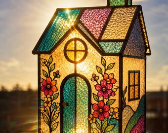 Colorful Stained Glass House Lantern – Handmade Floral Glass Lamp, Decorative Home Lighting.
