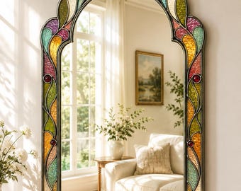 Luxury Stained Glass Mirror Pattern | Art Nouveau Arch Mirror Frame | Elegant Floral Glass Art Design | Printable DIY Template PDF.