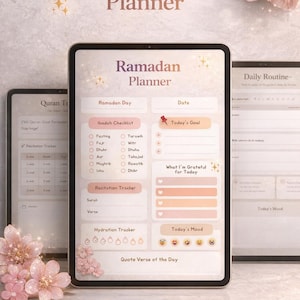 May include: Three digital tablets displaying a Ramadan Planner. The main tablet shows a planner with sections for daily goals, gratitude, and mood tracking. The text "Ramadan Planner" is at the top. The other tablets show Quran tracking and daily routine pages.
