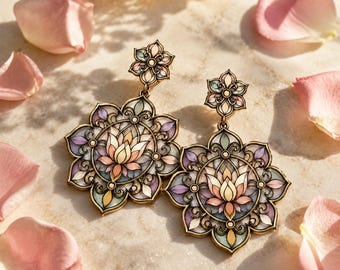 Elegant Lotus Flower Stained Glass Earrings – Vintage Inspired Mandala Art Jewelry, Unique Handmade Statement Earrings.
