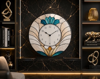 Handmade Stained Glass Wall Clock | Luxury Art Glass Home Decor | Blue & White Decorative Wall Clock | Elegant Living Room Wall Art.