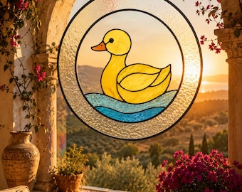 Yellow Duck Stained Glass Suncatcher,, Round Stained Glass Panel, Cute Duck Glass Art, Nursery Decor, Bird Lover Gift, Sun Catcher.
